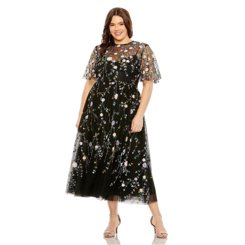 Mac Duggal Black Floral Embroidered Midi Dress plus 20W